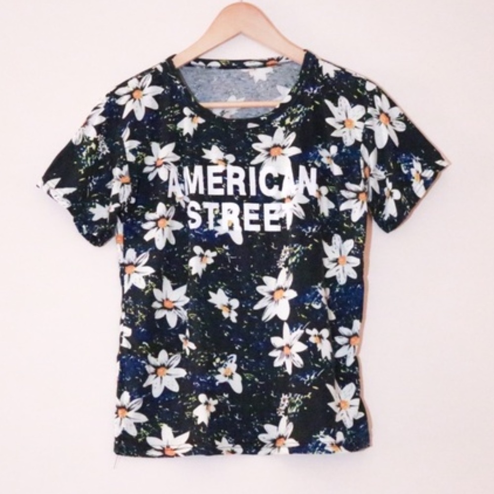 Black Floral Short Sleeve Tee Shirt